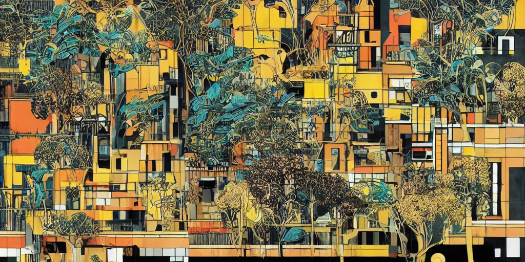 Image similar to masterpiece high contrast black, gold, teal, orange, graphic illustration of a in an afro futurist florence courtyard, eco city block designed by by frank lloyd wright architect, plants and trees on walkways low buildings, green energy, bicycles,, bill sienkiewicz, giant agapanthus flower from buildings wide angle, insanely detailed and intricate