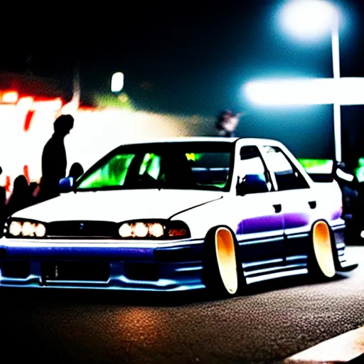 Image similar to a car JZX100 turbo drift at illegal car meet, Shibuya prefecture, midnight mist lights, cinematic color, photorealistic, highly detailed wheels, 200MM