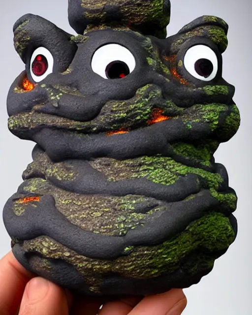 Image similar to an antropomorphic lava statue of a house, digital art by studio ghibli, googly eyes, cute, anime artstyle, studio lighting