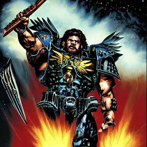 Prompt: gabriel angelos warcry by mike deodato, space marine