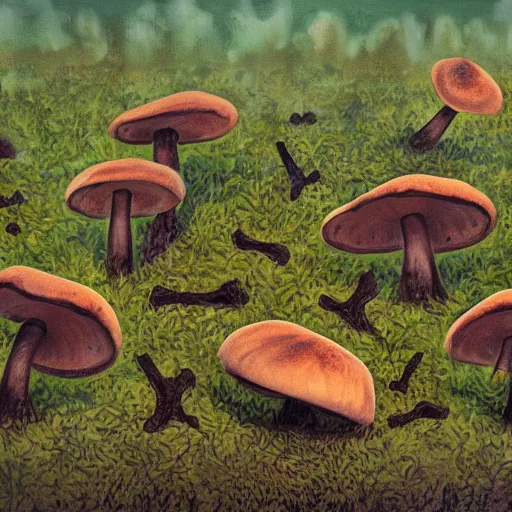 Image similar to mushrooms covering a decaying corpse, in a graveyard, green gas coming from the cracked ground, painting, in the style of bensinski