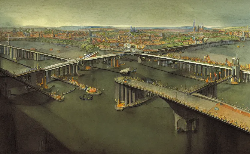 Prompt: city bay bridge aqueduct, colorful watercolor. by rembrandt, ralph mcquarrie, escher aluminum, 1 6 6 7