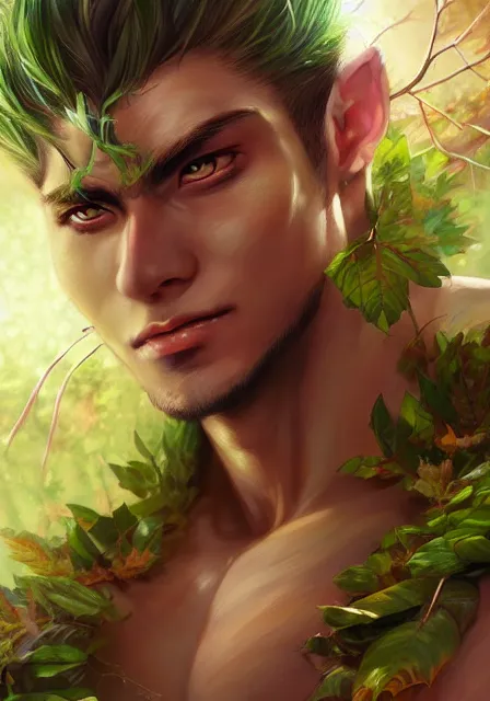 Prompt: A realistic anime portrait of a handsome buff dryad with glowing green eyes and tree bark skin wearing clothes made of leaves, digital painting, by Stanley Artgerm Lau, Sakimichan, WLOP and Rossdraws, digtial painting, trending on ArtStation, SFW version