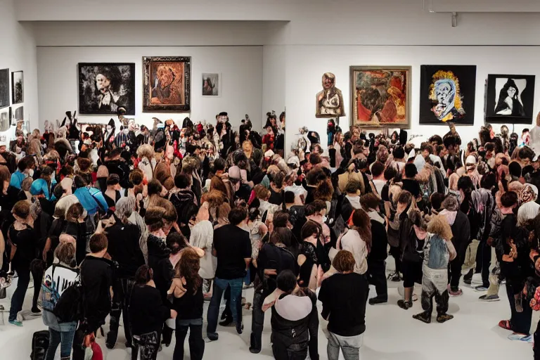 Image similar to a big group of punk people destroying a museum art show