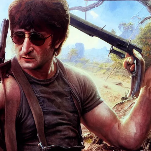 Image similar to john lennon as rambo, ultra realistic, concept art, intricate details, highly detailed, photorealistic, octane render, 8 k, unreal engine, art by frank frazetta, simon bisley, brom