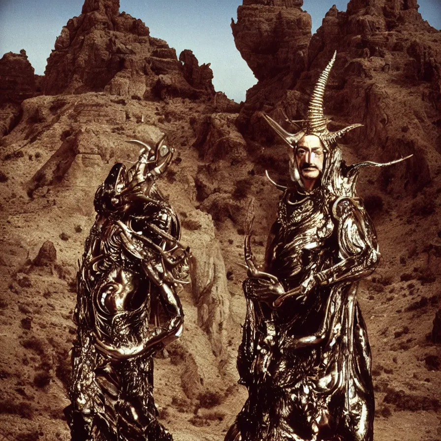 Image similar to portrait of salvador dali wearing a horned crown and costume with jewels in a dry rocky desert landscape, alien spaceship by giger, film still from the movie by alejandro jodorowsky with cinematogrophy of christopher doyle and art direction by hans giger, anamorphic lens, kodakchrome, very detailed photo, 8 k