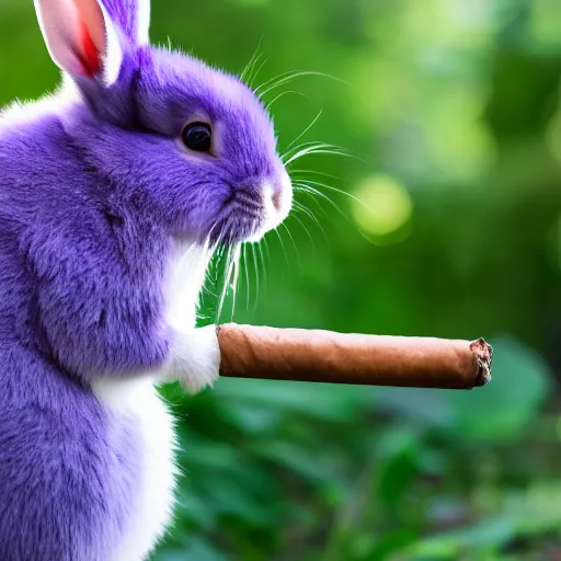 Image similar to professional photography of a violet rabbit smoking a cigar