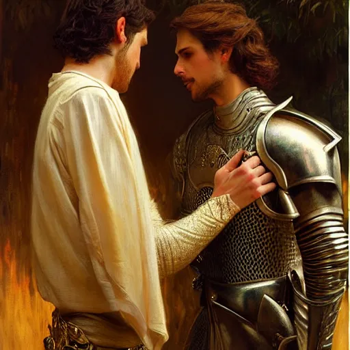 Image similar to attractive fully clothed prince confesses his love for his attractive fully clothed male knight. highly detailed painting by gaston bussiere, craig mullins, j. c. leyendecker 8 k