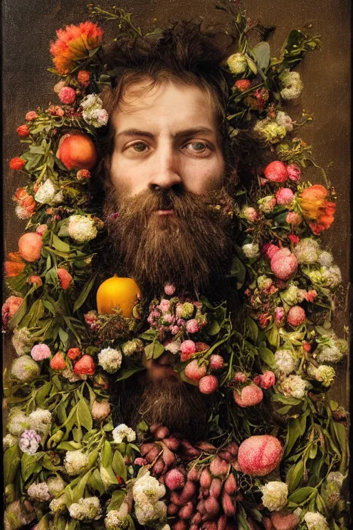 Prompt: A man's face, long beard, made of flowers and fruit, in the style of the Dutch masters and Gregory crewdson, dark and moody