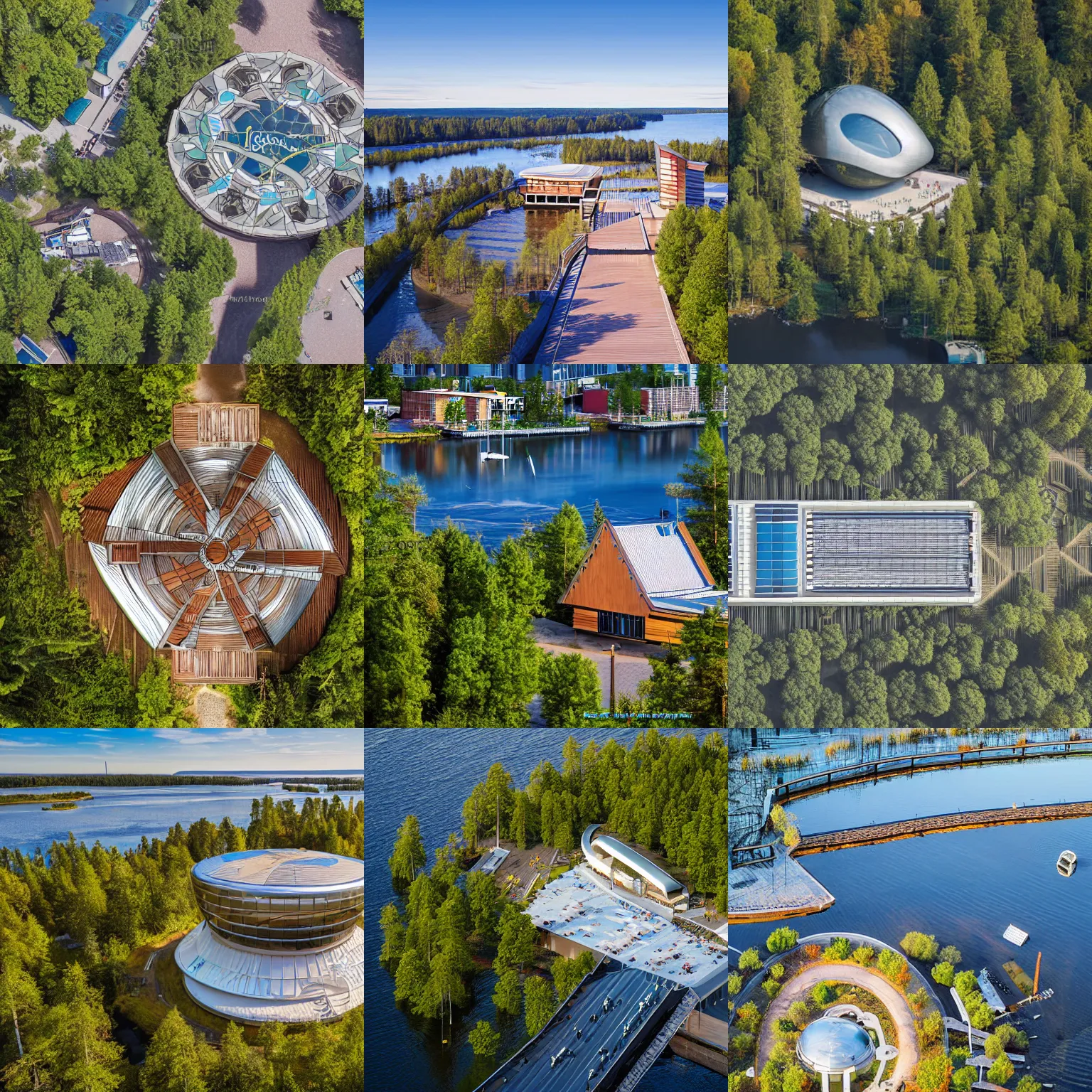 Prompt: seaside sauna in otaniemi, espoo, finland, futuristic, big and small, highly detailed aerial photograph, tourist advertisement, art nouveau style