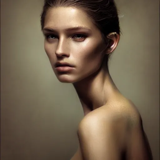 Image similar to half body portrait of young model, hyperrealism, beauty, intricate detail, photo by greg rutkowski, elegance, soft lighting, sharp focus