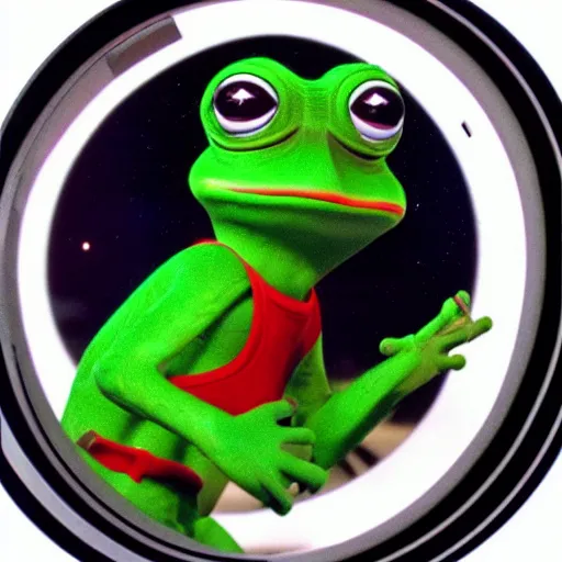 Prompt: Pepe frog in space odyssey 2001 movie, hyper realism, studio camera. 35mm lens