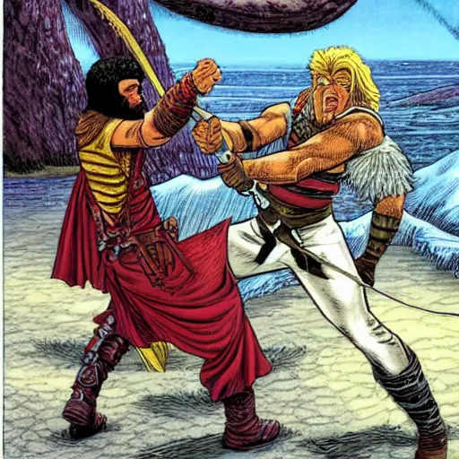 Prompt: a khajit swashbuckler facing off against a frost giant by larry elmore - 9