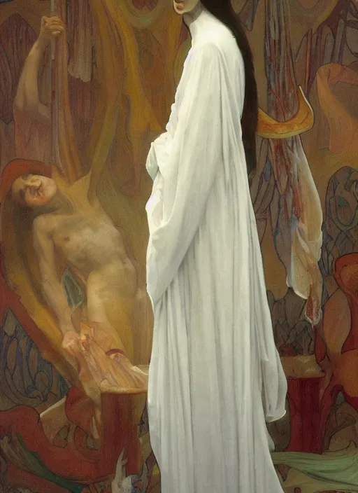 Image similar to an oil painting of a tall person in flowing white robes standing in a hazy, gloomy, dark room, art nouveau in the style of john singer sargent, greg rutkowski, maxfield parrish and alphonse mucha