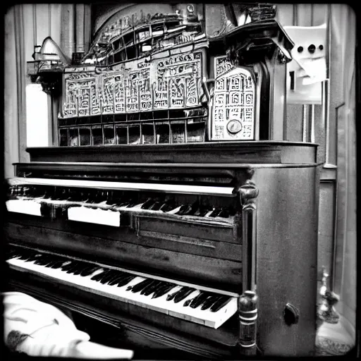 Prompt: steampunk organ, black and white film,