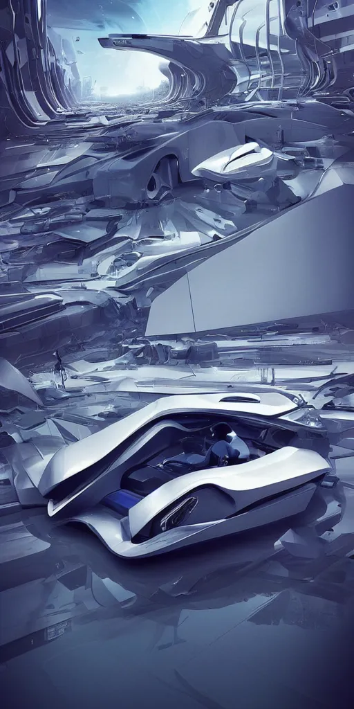 Image similar to sci-fi 3d car, zaha hadid, wall structure, logotype, car, on, the coronation of napoleon painting, digital billboard in the middle, trending on artstation, octane render pinterest, keyshot product render pinterest, reflections, gloss, shiny, artwork in style of Sheng Lam