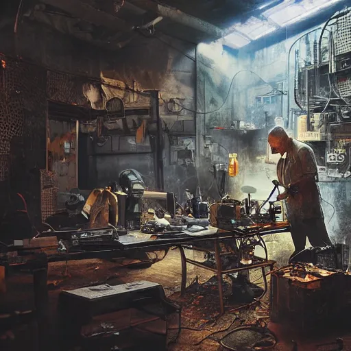 Image similar to half rusted old egg beater half stun - gun, balding older cyborg repairing, red hot soldering iron, dark messy smoke - filled cluttered workshop, dark, dramatic lighting, orange tint, cinematic, highly detailed, sci - fi, futuristic, movie still from blade runner