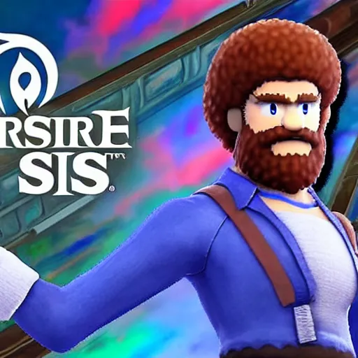 Image similar to Bob Ross as a Super Smash bros ultimate character, Nintendo switch