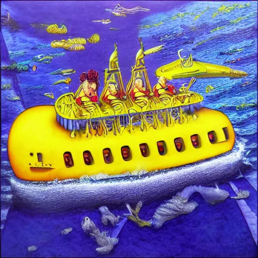 Image similar to The Beatles Yellow Submarine, hyper realistic, HD, HQ, photo realistic