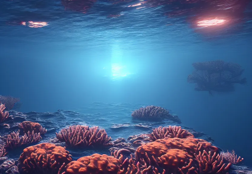 Prompt: ambient rays in the depths of the ocean, fish and corals barely visible, raytracing, unreal engine, nature, caustics, artstation