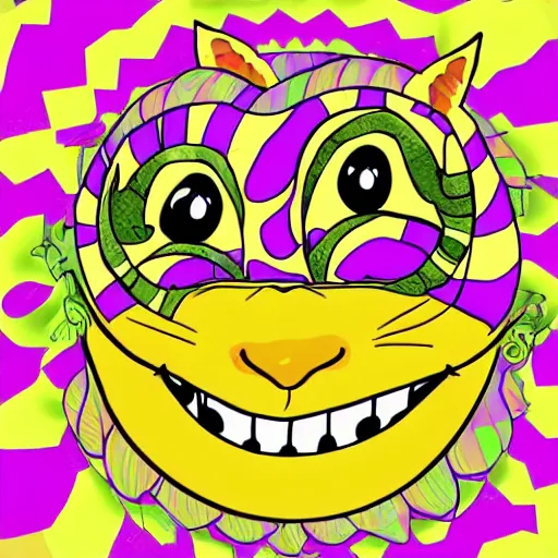 Image similar to psychedelic Cheshire cat smiling way too big, digital art, vector sticker, 2D colors, flat colors