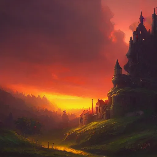 Image similar to a beautiful artwork painting of a dark castle at sunset, by andreas rocha, featured on artstation