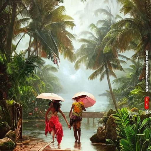 Image similar to tropical island, ornate, beautiful, atmosphere, vibe, mist, coconuts, rain, wet, pristine, puddles, melting, dripping, snow, creek, lush, ice, bridge, forest, roses, flowers, by stanley artgerm lau, greg rutkowski, thomas kindkade, alphonse mucha, loish, norman rockwell