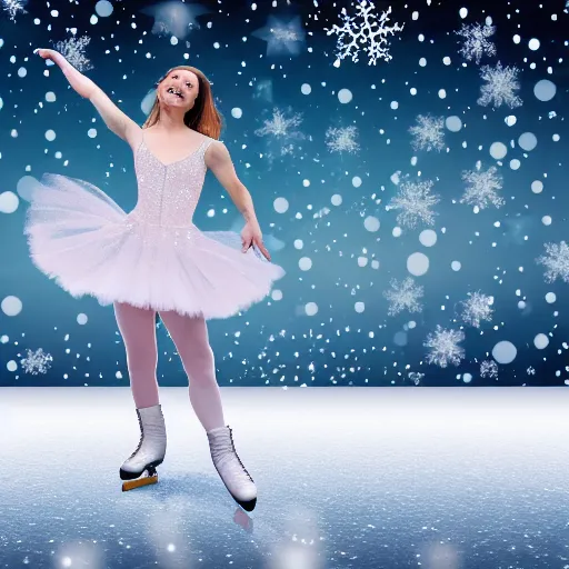 Prompt: ice skater in tutu dancing on icy pond on winter snowflake background