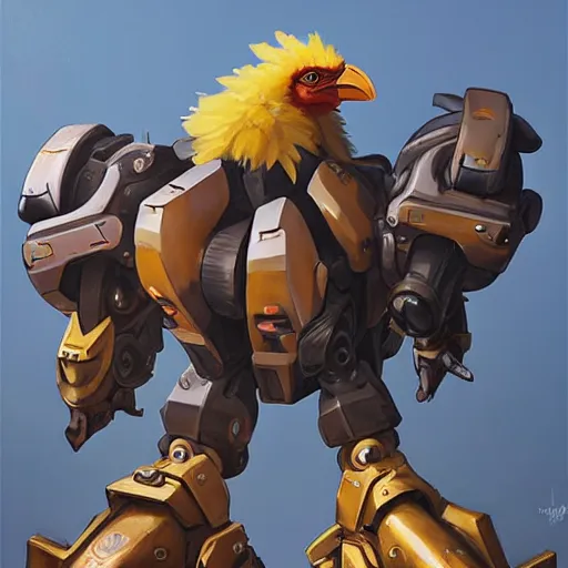 Image similar to greg manchess portrait painting of fully armored chocobo on top of a huge mecha as overwatch character, totally whack, medium shot, asymmetrical, profile picture, organic painting, sunny day, matte painting, bold shapes, hard edges, street art, trending on artstation, by huang guangjian and gil elvgren and sachin teng