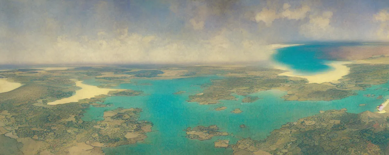 Image similar to a beautiful landscape painting of a tropical island in the middle of the ocean, by alfons maria mucha, trending on artstation, super ultra detail, aerial photography