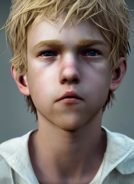 Image similar to ( ( ( ( ( hyperrealist cg of blonde boy thief ) ) ) ) ) by daniel f. gerhartz and matt stewart, fantasy, photorealistic, octane render, unreal engine, dynamic lighting, perfect factions, very detailed faces, trending on artstation, poster, volumetric lighting, 4 k, award winning