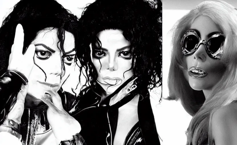 Prompt: michael jackson and lady gaga in trance sci - fi music video