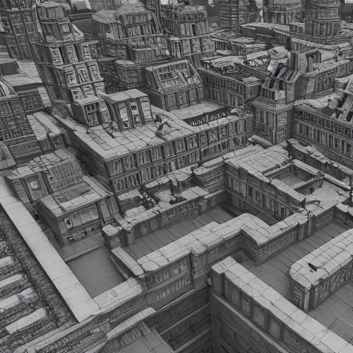Image similar to a drone flying over a city designed by MC Escher, pen and ink, intricate, unreal engine,
