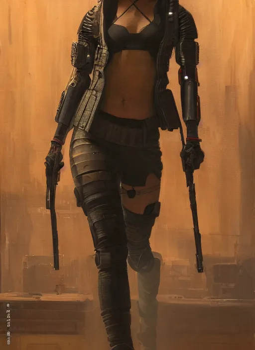 Prompt: Maria Igwe. female Cyberpunk samurai wearing military vest walking through nightclub (blade runner 2049, cyberpunk 2077). Orientalist portrait by john william waterhouse and James Gurney and Theodore Ralli and Nasreddine Dinet, oil on canvas. Cinematic, hyper realism, realistic proportions, dramatic lighting, high detail 4k