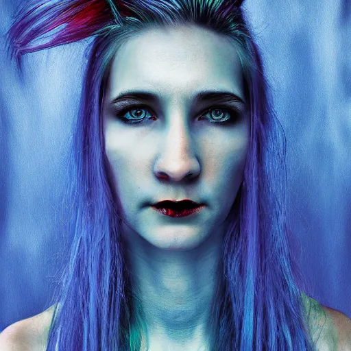 Image similar to portrait of young girl half dragon half human, dragon girl, dragon skin, dragon eyes, dragon crown, blue hair, long hair, By David Lynch