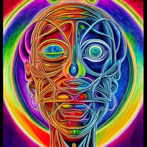 Image similar to painting of a human connecting with the universe in the style of Alex Grey. Colorful, detailed, sharp