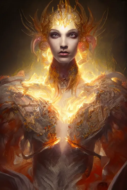 Prompt: torso closeup model wearing exploding fire & ice robe jewels, sorcerer, diamonds, angel, fantasy, dramatic lighting, highly detailed, digital painting, holding electricity, magic the gathering, hyper detailed, 3 d render, hyper realistic detailed portrait, peter mohrbacher, wlop, ruan jia