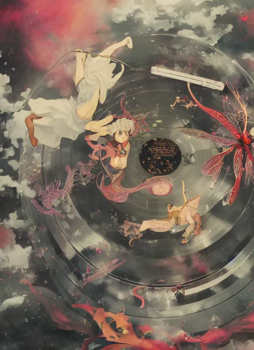 Prompt: surreal gouache painting, by yoshitaka amano, by ruan jia, by Conrad roset, by good smile company, detailed anime 3d render of a Magical flying Vinyl records , DJ Mixer, deck surrounded by Dragonflies, Vinyl records, controller, portrait, cgsociety, artstation, rococo mechanical and Digital and electronic, dieselpunk atmosphere