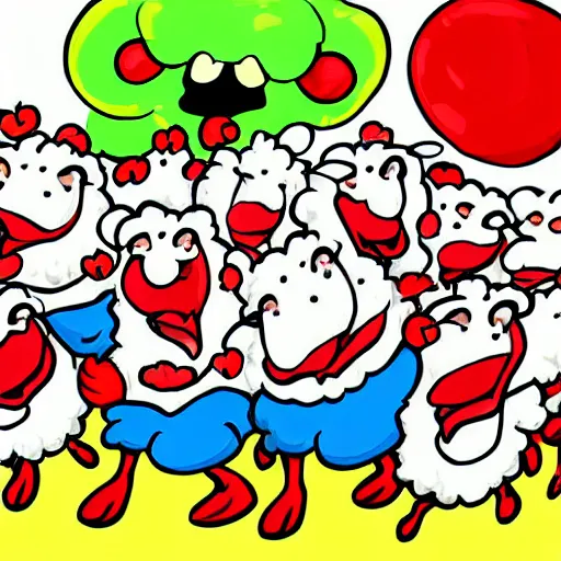 Image similar to happy cartoon sheep dancing on stage with angry crowd throwing tomatoes, digital painting, harsh lights, fun, silly, garry larson