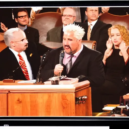 Prompt: press photo of President Guy Fieri, State of the Union Address, symmetrical face!!, cinematic lighting, award winning photo, press photo, kodak 2383 film, low contrast!!, (((orange))), washed out colors