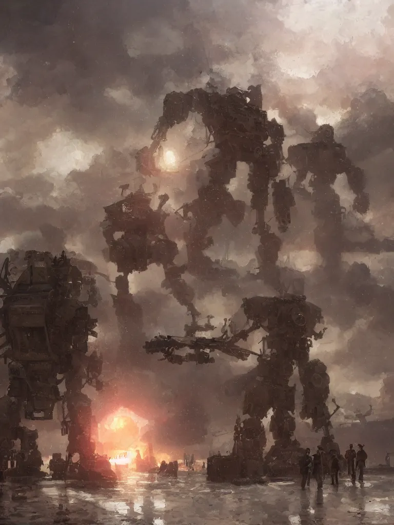 Image similar to russian revolution 1 9 1 0, a russian mecha,, evening, after the storm, drama, by rozalski and craig mullins and kenton nelson, artstation