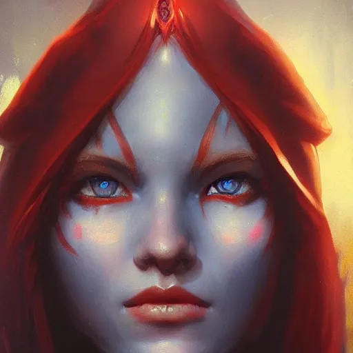 Image similar to A detailed matte oil on canvas head on symmetrical portrait of a beautiful elven woman with blue red eyes and red hair by greg rutkowski and Charlie bowater, trending on artstationhd, dungeons and dragons art