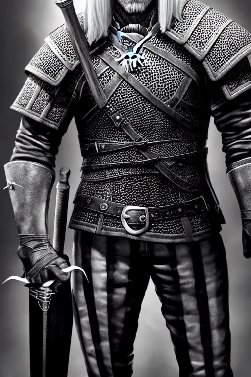 Image similar to full body portrait of geralt of rivia, 5 5 mm lens, professional photograph, black and white, times magazine, serious
