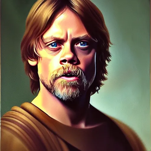 Image similar to a portrait painting of young mark hamill playing luke from star wars in a renaissance style hanging in the louvre