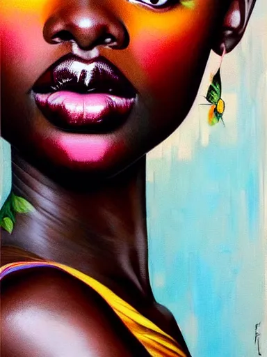 Image similar to portrait of duckie thot with a floral background : : painted by artgerm, karol bak, artur bordalo, sandra chevrier : : portrait, character, illustration, hyperrealism, photorealism