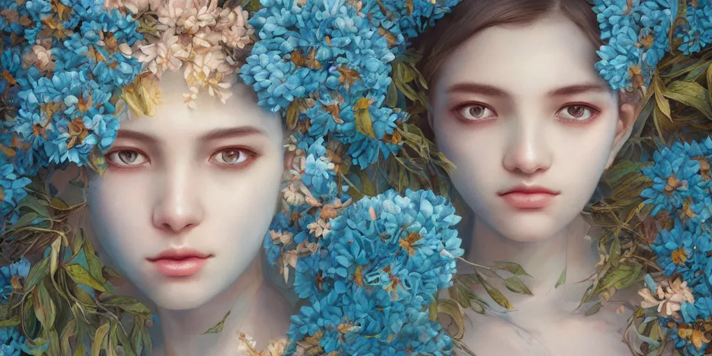 Prompt: breathtaking detailed concept art painting portrait of the hugs goddess of light blue flowers, saint, with anxious piercing eyes, ornate background, amalgamation of leaves and flowers, by hsiao - ron cheng, extremely moody lighting, 8 k