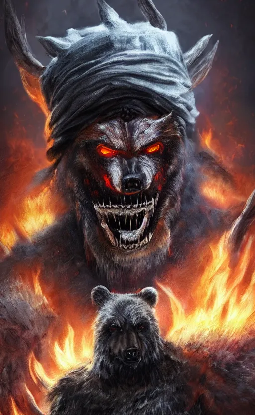 Image similar to portrait of a bear beast - man wearing a turban, with fire in his eyes, wear bloodborne, concept art trending on artstation photorealistic image 8 k