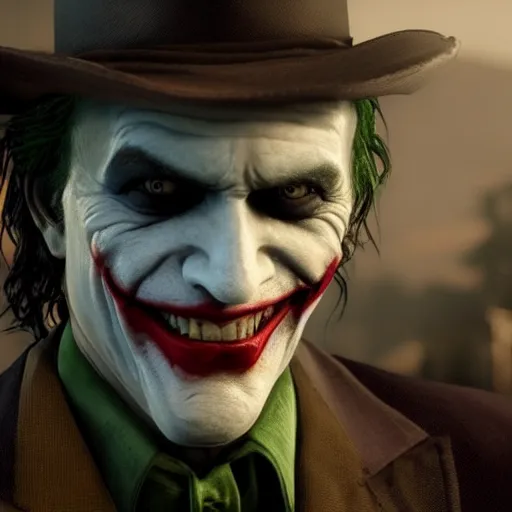 Prompt: Film still of the Joker, from Red Dead Redemption 2 (2018 video game)