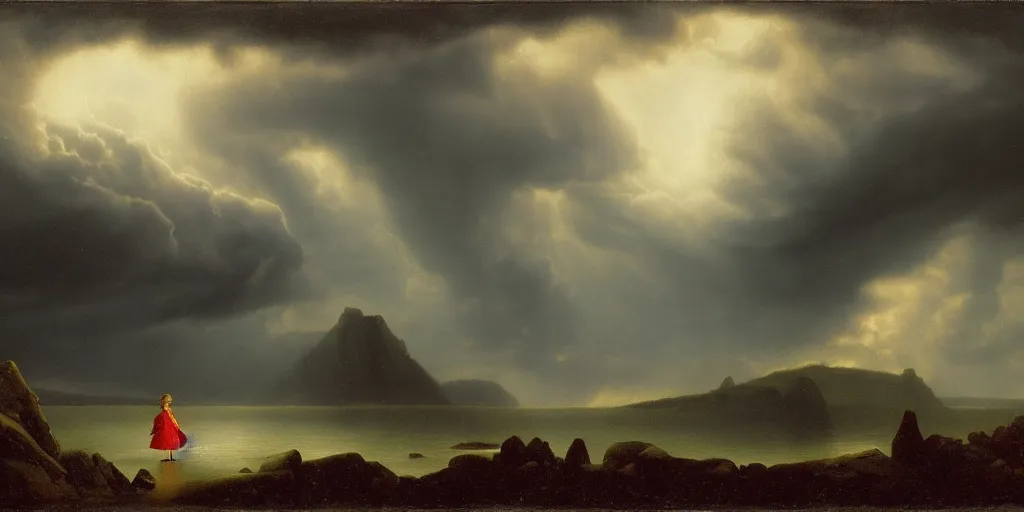 Image similar to a princess, slain giant monster, snowy tundra, storm clouds, dramatic lighting, hudson river school