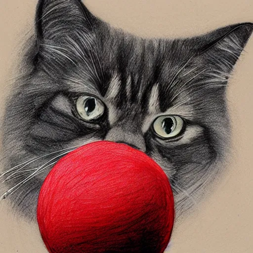 Prompt: long - haired siberian cat playing with a red yarn ball, illustration, charcoal, simon bisley